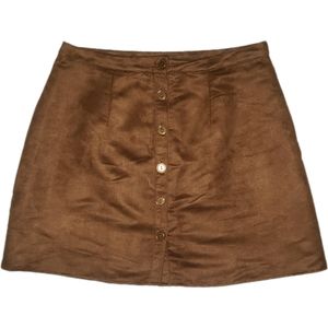 Brown suede-like, button-up, fully lined mini skirt